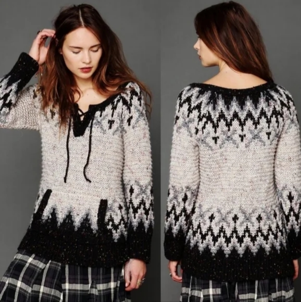 Free People Love Bug Fair Isle Lace Up Pullover Chunky Sweater Size Small
